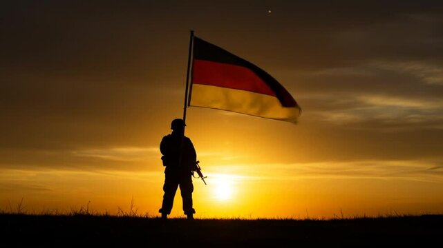 silhouetted soldier standing on hill holding german flag against golden sunset sky