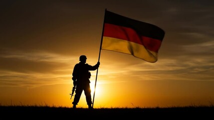 Silhouette of soldier holding german flag against a vibrant sunset sky in an open field - Powered by Adobe