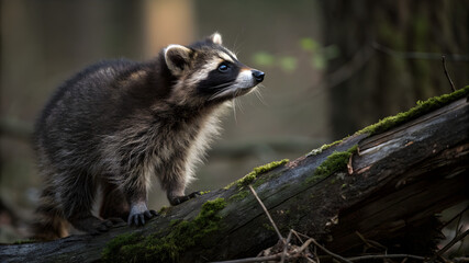 Fototapeta premium n a wooded area, a raccoon perches on a log, blending into the natural surroundings of trees and plants