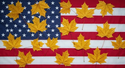 Autumnal american scene with yellow maple leaves against a flag backdrop expressing patriotism