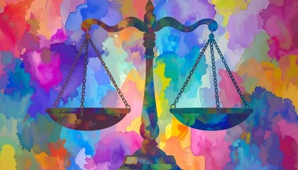 Abstract colorful balance scale symbolizing social justice, equality, and human rights