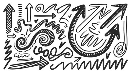 Hand‑Drawn Brush Arrow and Doodle Vector Set – Ink Sketch Arrows, Swirls & Scribbles for Design and Infographics