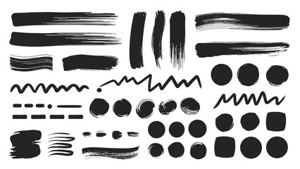 Hand‑Drawn Black Brush Stroke Elements Vector Set – Grunge Ink Strokes, Dots, Underscores for Graphic Design