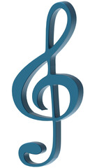 3D blue treble clef note music on transparent background