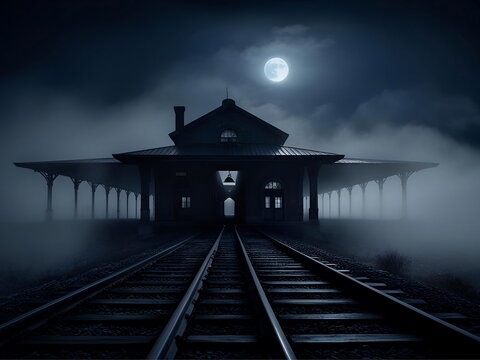 Eerie Train Station at Night Under a Full Moon and Thick Fog