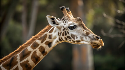 Obraz premium A giraffe with an elongated neck and face gazes curiously, surrounded by lush greenery