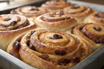 Fototapeta premium Tray of Freshly Baked Cinnamon Rolls Topped with Raisins in Close-Up View on White Background in Sweet Pastry Composition
