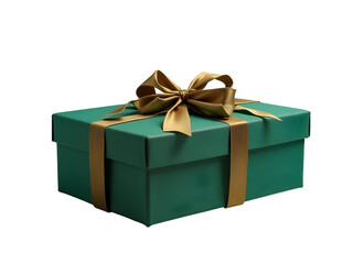 Obraz premium Rectangular gift box with emerald green linen texture and gold velvet ribbon, detailed realistic fabric, warm lighting, seamless light gray background, PNG file isolated on transparent background