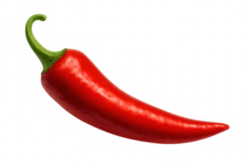 Curved red chili pepper hanging from green stem, showcasing vivid color, positioned on clear background for graphic design