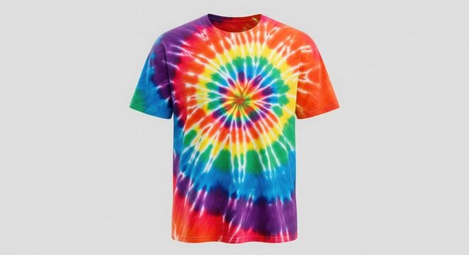 Colorful tie-dye t-shirt, vibrant rainbow pattern, casual style.
