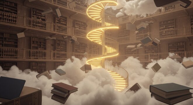 Imaginary library with illuminated spiral staircase surrounded by floating books and ethereal clouds