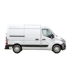 A white cargo van with a streamlined design, featuring two doors on the side and black trim accents, suitable for commercial transport or delivery purposes.