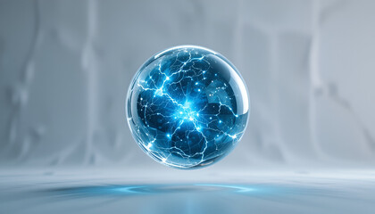 A luminous sphere of crackling blue energy floats against an abstract background, radiating power and technological advancement for graphic designs.