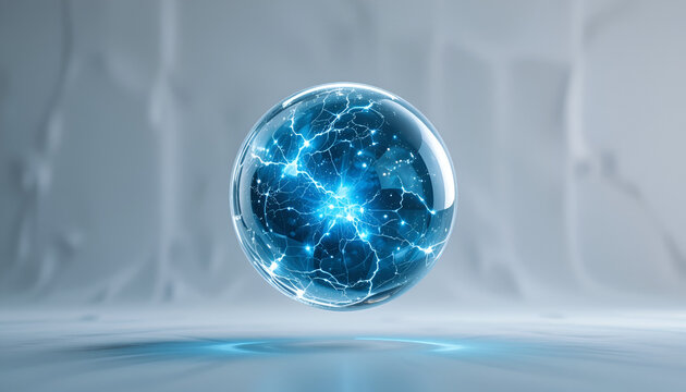 A luminous sphere of crackling blue energy floats against an abstract background, radiating power and technological advancement for graphic designs.