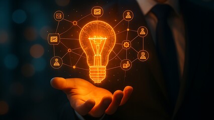 Businessman holding a glowing digital lightbulb connected to various business icons