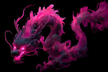A fierce, stylized dragon with glowing eyes and a flowing, smoky pink and black body.
