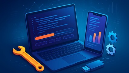 Digital technology concept with laptop smartphone wrench usb and gears