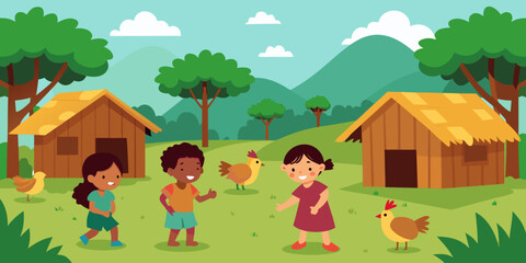 Playful cartoon family at home with children, dog, and trees