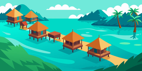 Naklejka premium Turquoise tropical island paradise with luxury resort bungalows over crystal clear ocean water and white sand beaches