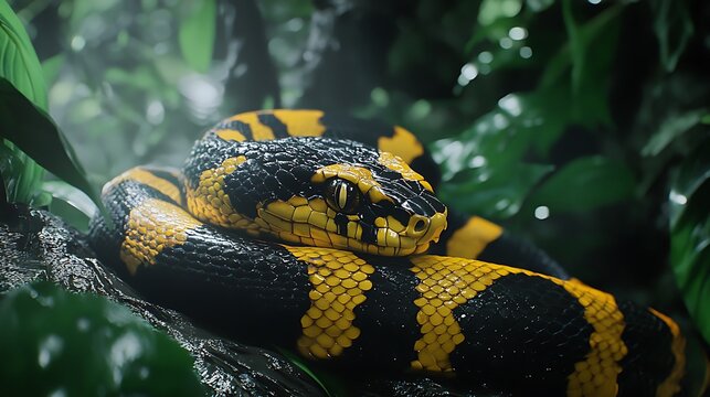 Vibrant leaves cradle multicolored tropical snake high resolution picture