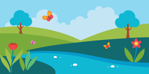 Obraz premium Colorful spring landscape with green trees, flowers, and a serene lake under a clear sky