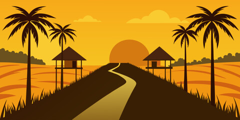 Tropical sunset over the beach with silhouetted palm trees and an orange sky