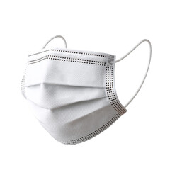 A white disposable surgical face mask made of layered non-woven fabric with ear loops and pleats for coverage.
