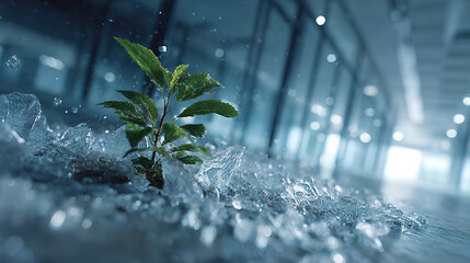 A resilient plant thriving amidst ice, showcasing nature's strength and beauty.