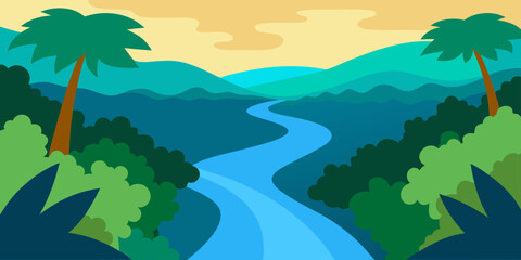 Tropical island landscape with palm trees, green hills, and a sunny sky