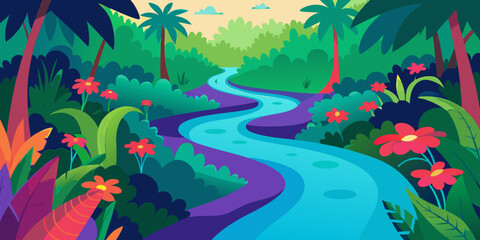 Abstract colorful floral illustration featuring a tropical island landscape with summer sky, green trees, and the ocean