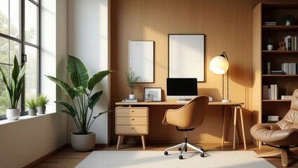 Modern Home Office Workspace Tan Leather Chair Wooden Desk Plants