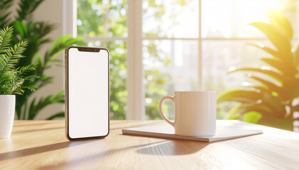 Modern Smartphone Mockup Blank Screen on Wooden Table with Coffee and Plants