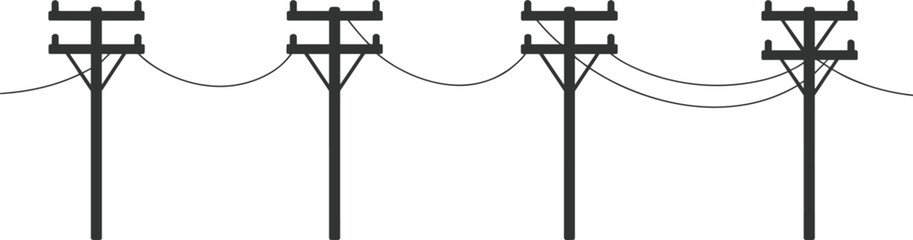 Utility poles with electric wires cad drawing flat vector illustration, evenly spaced infrastructure structures, insulators and crossarms layout sketch view