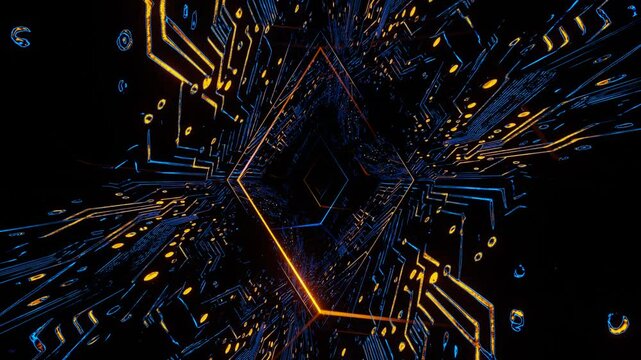 Orange and Blue Neon Chip Rhomboid Tunnel Background VJ Loop in 4K