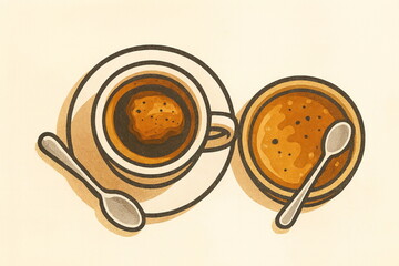 エスプレッソとクレームブリュレのイラスト ー 上から見た白いカップとココット。ビターなエスプレッソとクレームブリュレの香ばしいカラメルを、温かみのある配色と柔らかな雰囲気で表現。カフェメニューやポスター素材に最適。