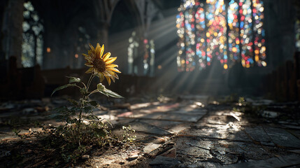 A lone sunflower thrives in an abandoned church, bathed in heavenly light through stained glass.