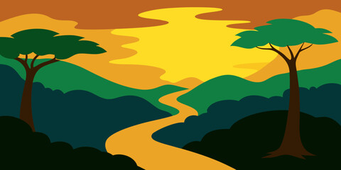 Serene Sunset Landscape Golden River, Majestic Trees, Tranquil Mountains