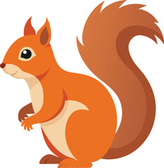 Cute cartoon red squirrel with fluffy tail on white background