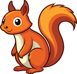 Cute cartoon orange squirrel with fluffy tail sitting on white background