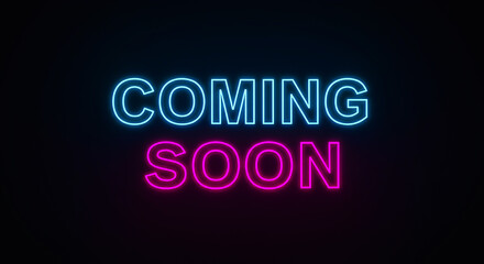 Coming Soon. Futuristic lettering with neon glow of light blue and pink color on dark background with free space for text. 3D renderer in cyberpunk style.