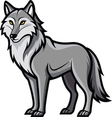 Stylized grey wolf standing proudly with yellow eyes and sharp features