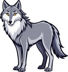 Stylized cartoon gray wolf standing proudly with yellow eyes