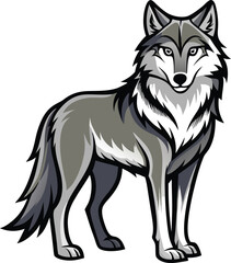 Stylized grey wolf standing proudly with fierce eyes and bushy tail