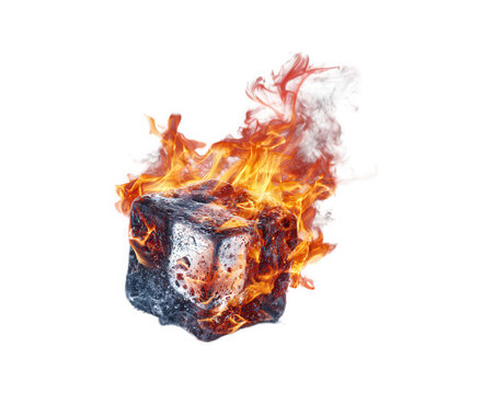 Burning ice cube fire smoke melting isolated transparency background surreal hot cold contrast dramatic effect conceptual object