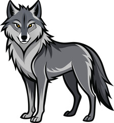 Stylized grey wolf with yellow eyes standing alert on a white background