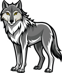 Stylized cartoon wolf standing alert with yellow eyes and gray fur