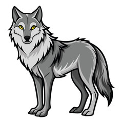 Stylized grey wolf with yellow eyes standing alert on a white background