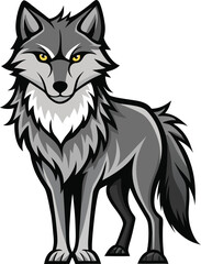 Stylized gray wolf standing proudly with intense yellow eyes