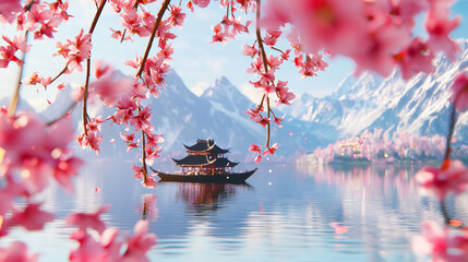 3D Surreal Landscape with Pink Cherry Blossoms, Boat on Reflective Water, Mountain Backdrop, Dreamy Spring Environment, Peaceful and Serene Fantasy World with Beautiful Temple