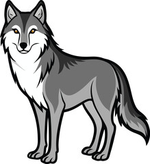Stylized cartoon grey wolf standing alert with yellow eyes and black outline